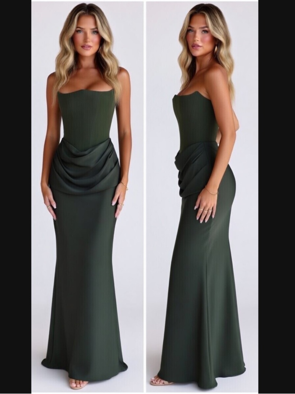 House of CB Olive Green Strapless Draped Gown